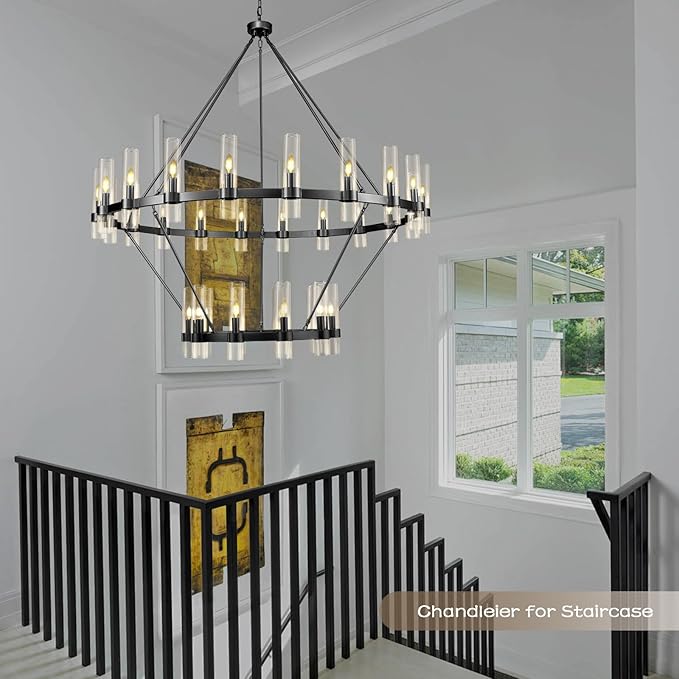 Black Wagon Wheel Chandelier 2 Tier, 60 Inch Chandeliers with Glass Shade, 30-Light Large Chandelier for High Ceiling, Modern Farmhouse Chandeliers for Living Room, Dining Room, Entryway and Staircase