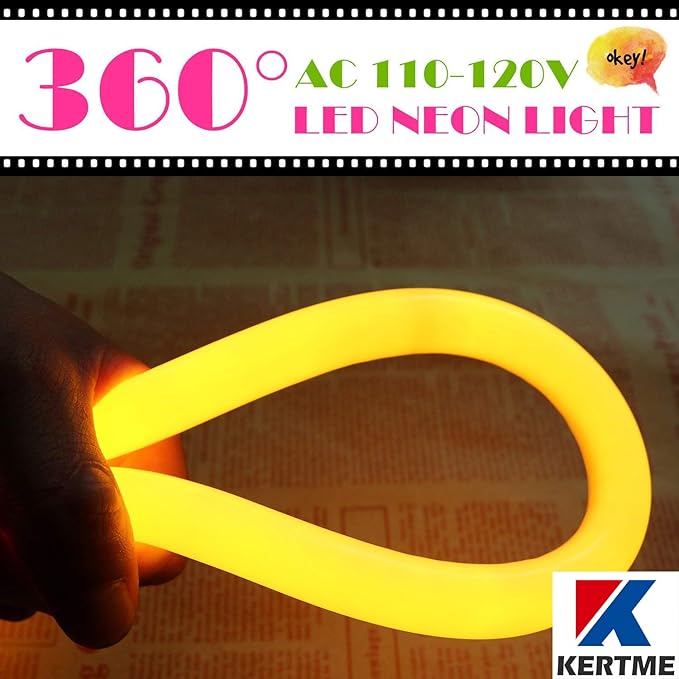 360° Neon Led Type AC 110-120V 360 Degree NEON LED Light Strip, Flexible/Waterproof/Dimmable/Multi-Modes LED Rope Light + Remote for Home/Garden/Building Decor (32.8ft/10m, Golden Yellow)