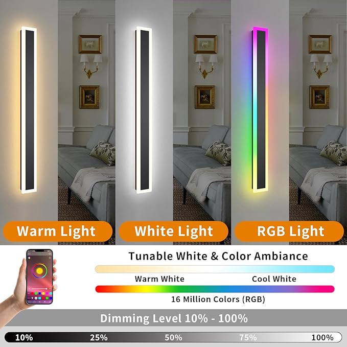 2 Pack Outdoor RGB Long Wall Lights, 31.4inch Wall Lights RGB/Warm/White Dimmable Modern Led Wall Lighting, Ip65 Waterproof Wall Sconce with Remote APP Control for Outdoor/Indoor Party Gathering