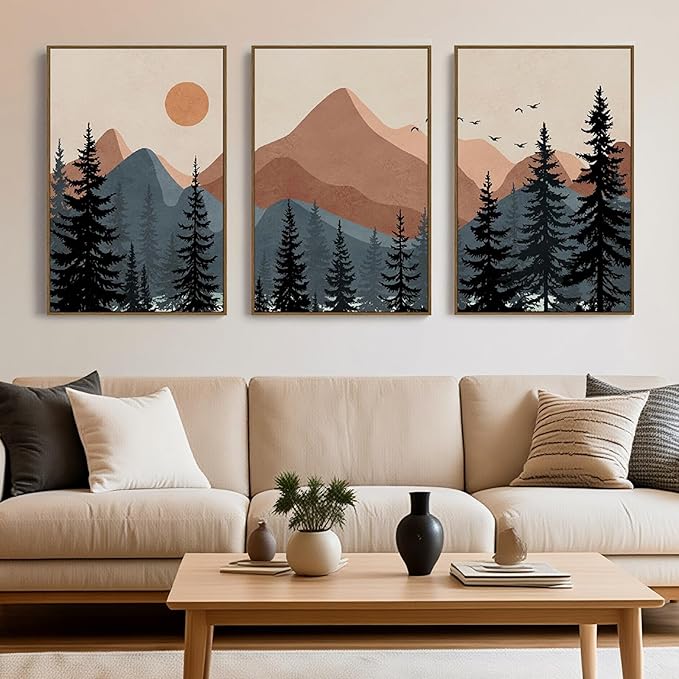 Large Boho Mountain Wall Art Framed Canvas Mid Century Nature Landscape Sunrise Theme Abstract Black Pines Tree Forest Wall Decor for Living Room, Bedroom, Office - 24x36 Inch, 3 Panels