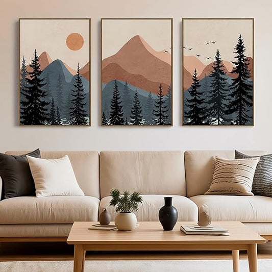 Large Boho Mountain Wall Art Framed Canvas Mid Century Nature Landscape Sunrise Theme Abstract Black Pines Tree Forest Wall Decor for Living Room, Bedroom, Office - 24x36 Inch, 3 Panels
