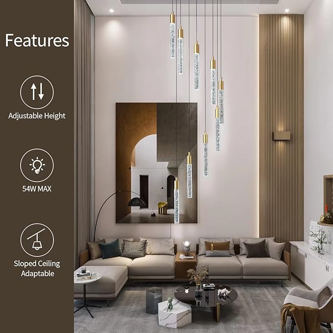 9-Light Modern Living Room Chandelier Gold Brass Finish Crystal Ceiling Pendant Lights LED Dimmable 54W 6000K Staircase Large Chandeliers for Entryway Lobby Foyer High Ceiling Chandeliers