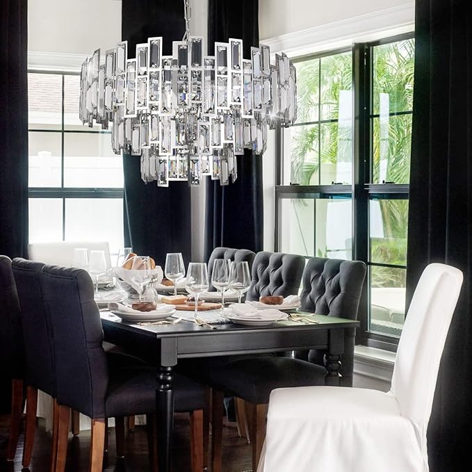 Chrome Crystal Chandelier Lighting 24.5'' for Dining Rooms Bedroom Foyer Entryway Ceiling Hanging Pendant Chandelier Light Fixture Lamp
