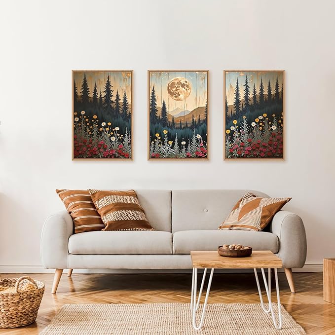 Ausril Vintage Moon Forest Wall Art Set of 3-16x24 Inch Framed Canvas Prints, Wildflower Mountain Landscape Painting, Nature Pine Tree Floral Decor for Living Room, Bedroom, Office, Boho Home Decor