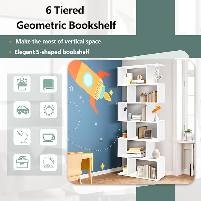 6 Tier Geometric Bookcase, S Shaped Bookshelf, Book Shelf Room Divider, Wood Freestanding Display Shelves, 75 Inch Staggered Bookshelf for Bedroom Living Room (1, White)