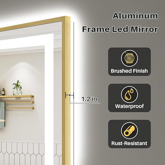 40x36 Inch LED Bathroom Mirror with Gold Frame, Backlit & Front Lit, Anti-Fog Lighted Bathroom Vanity Mirror for Wall, Memory Function, Dimmable, HD Tempered Glass, Shatter-Proof