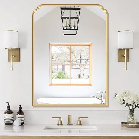 30X40 Inch Gold Bathroom Mirror for Vanity, Modern Rounded Corner Large Wall Mirror for Over Sink with Non-Rusting Iron Metal Framed (Tempered Glass)