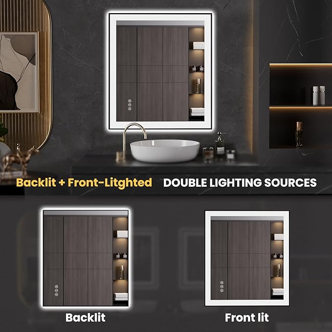 LOAAO 32"X36" LED Bathroom Mirror Black Framed, Anti-Fog, Dimmable, Lighted Bathroom Vanity Mirror for Wall, Memory Function, Tempered Glass