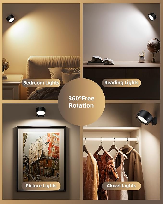 LED Wall Mounted Lights, Rechargeable Wall Sconces Lamp, 3 Color Temps & Remote and Touch, 360°Rotation Dimmable Cordless Wall Light for Study Bedroom Reading Bedside(Black, 1 Pack)