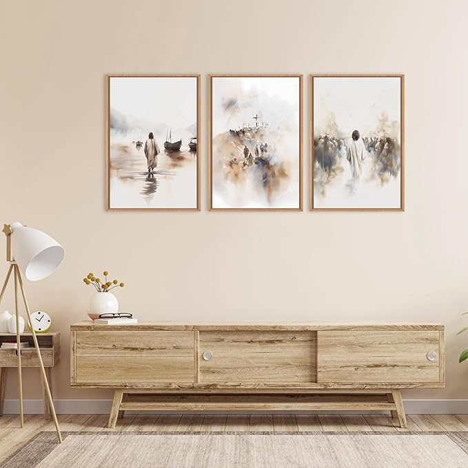 Ausril Jesus Framed Canvas Wall Art Set,Christian Bible Wall Decor, Minimalist Boho Christian Wall Painting, Retro Christmas Generic The Cross Art Prints for Living Room Bedroom, Church -16"x24"x3