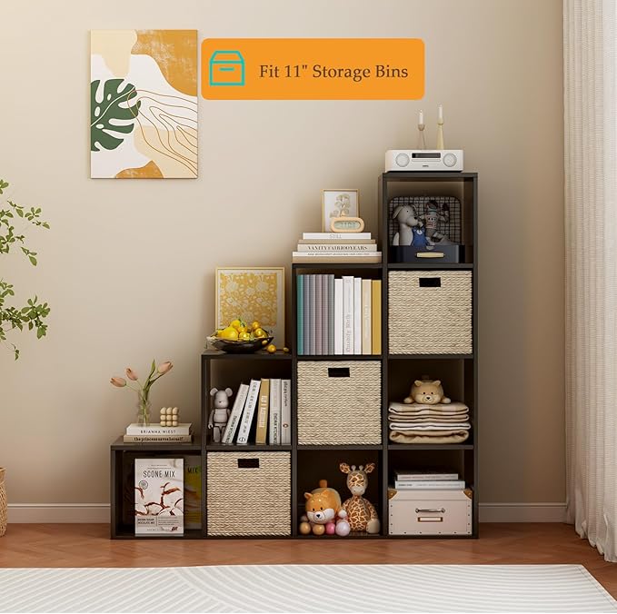 Ladder Cube Storage Bookcase - Wooden L-Shaped 4-Tier Corner Shelf, Reversible 10-Cube Organizer for Home & Office, Black