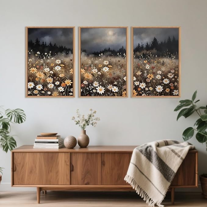 Moody Wildflower Framed Canvas Wall Art Set, Calming Nature Dark Floral Wall Decor, Boho Misty Forest Botanical Meadow Artwork Modern Landscape Print for Living Room,Bedroom-16 x24 x3