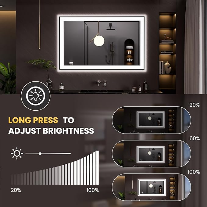 LOAAO 48"X30" LED Bathroom Mirror Black Framed, Anti-Fog, Dimmable, Lighted Bathroom Vanity Mirror for Wall, Memory Function, Tempered Glass