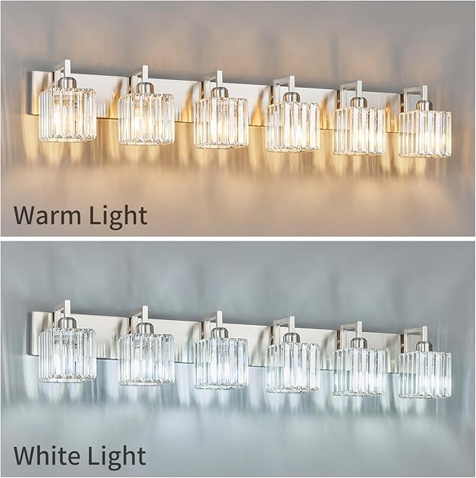 Modern Bathroom Vanity Light 6-Lights Brushed Nickel Vanity Light Crystal Wall Light Bathroom Light Fixtures