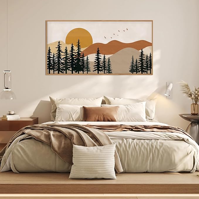 Boho Mountain Framed Canvas Wall Art Set,Nature Forest Pine Tree Wall Decor,Mid Century Sunset Landscape Artwork for Living Room,Bedroom-20 x40