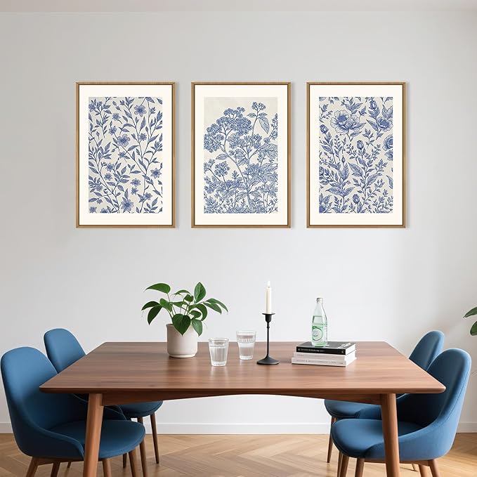 Large Classic Chinoiserie Flower Framed Canvas Wall Art Set,Minimalist Blue and White Floral Wall Decor,Navy Watercolor Botanical Blossom Artwork for Living Room,Bedroom-24 x36 x3
