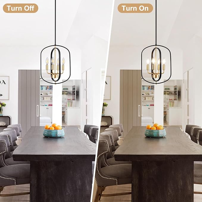 Modern Chandelier for Dining Room, Black and Gold Chandelier Light Fixture, 4-Light Farmhouse Chandelier Lights, Adjustable Rustic Chandeliers for Kitchen Island, Entryway, Foyer, Living Room