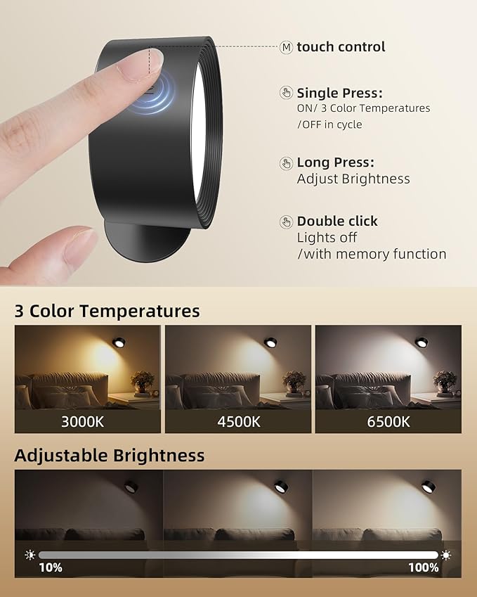 LED Wall Mounted Lights, Rechargeable Wall Sconces Lamp, 3 Color Temps & Remote and Touch, 360°Rotation Dimmable Cordless Wall Light for Study Bedroom Reading Bedside(Black, 1 Pack)