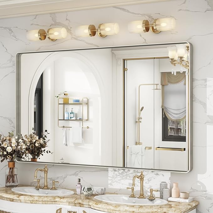 60x36 Inch Brushed Nickel Bathroom Mirror, Large Brushed Silver Metal Framed Wall Mirror, Rounded Corner Rectangle Modern Vanity Mirror, Tempered Glass, Anti-Rust, Shatterproof (Horizontal/Vertical)