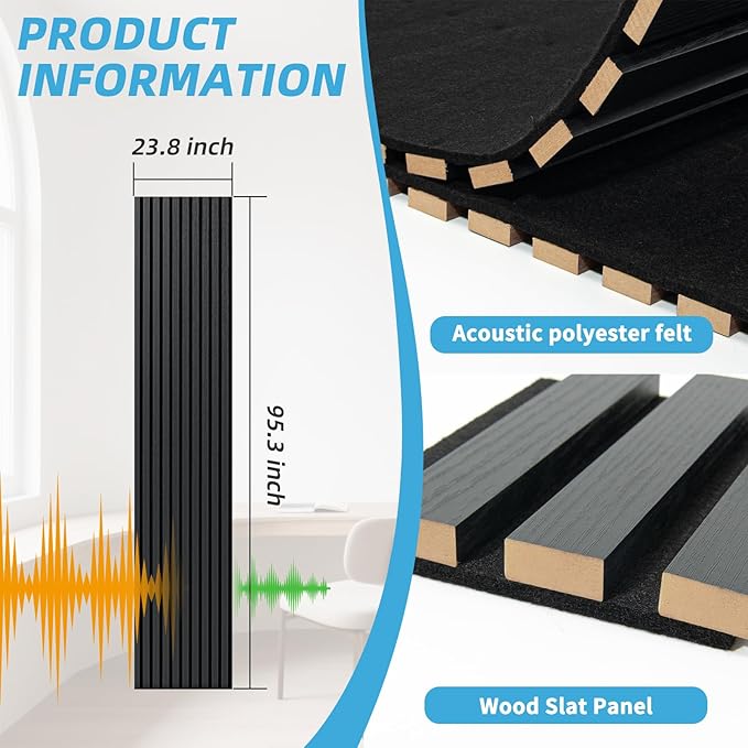 Art3d Acoustic Wood Slat Wall Panel with Roll-Flat Design - 95.3 x 23.8 Inch Sound Absorbing Panels for Living Room Columns Corridor Curved Wall Decor, 2-Pack Blackwood