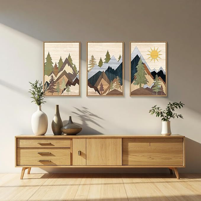 Mountain Pine Tree Framed Canvas Wall Art Set, Nature Wilderness Illustration Wall Decor, Woodcut Forest Wall Painting, Mid Century Modern Art Print for Living Room Bedroom Office 16"x24"x3