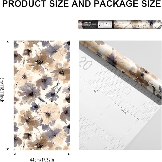 JiffDiff Floral Peel and Stick Wallpaper, Purple Watercolor Flower Contact Paper Peel and Stick for Bedroom Bathroom, Brown Vintage Removable Waterproof Self Adhesive Wall Paper 118"X17.3"(14 sq. ft)