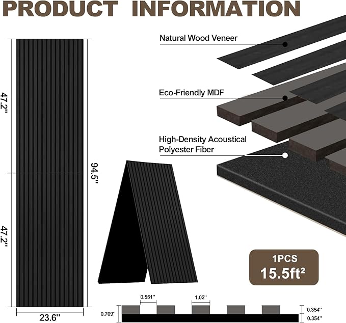 AKK-PANE Acoustic Folding Wood Slat Wall Panels, 94.5" x 23.6" 15.5ft² for Interior Wall Decor, Sound Absorbing Slat Wall Paneling, Fluted Wall Panel for Stylish Spaces Sound Reduction(Mirage Black)