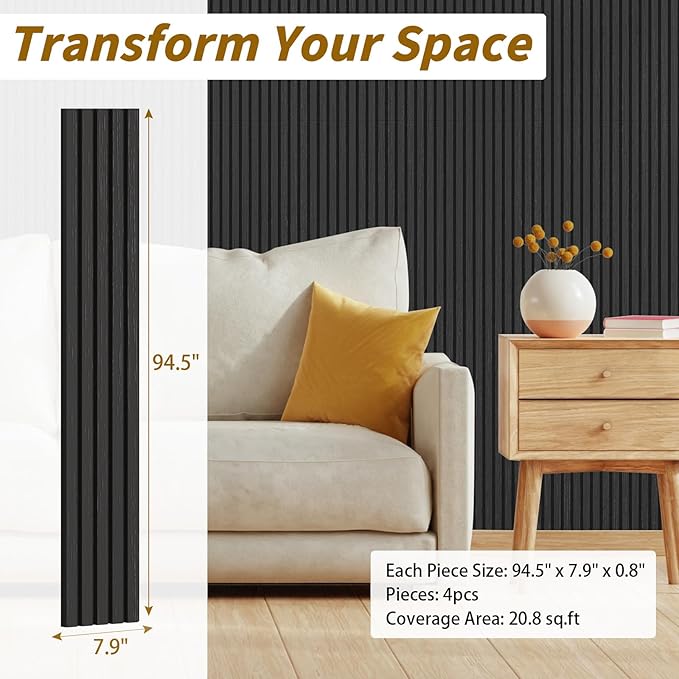 4-Piece Acoustic Wood Wall Panels for Wall and Ceiling, 3D Fluted Soundproof Wood Slat Wall Panels for Interior Wall Decor, 94.5" x 7.9"-Black