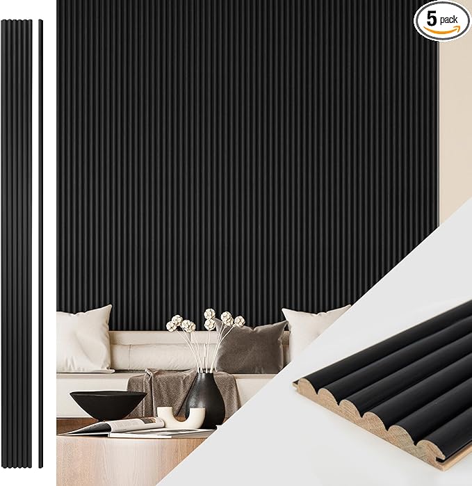 Art3d Fluted Wood Panel for Wall and Ceiling, Beaded Accent molding for Home Decoration, Pack of 4pcs + 1pc End-Trim, Size 108 x 5.7in.- Beaded Black