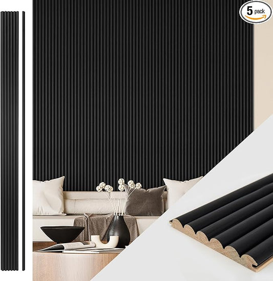 Art3d Fluted Wood Panel for Wall and Ceiling, Beaded Accent molding for Home Decoration, Pack of 4pcs + 1pc End-Trim, Size 108 x 5.7in.- Beaded Black
