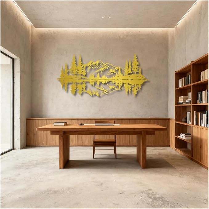 Mountain View Metal Wall Art,Nature Landscape Home Decor with Reflection,Black Iron Sculpture for Bedroom Garden Living Room Outdoor Office(Gold,59 x28 in/150x70 cm)