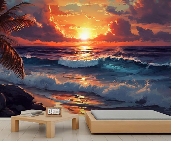 Coastal Mural Wallpaper, Ocean Sunset Murals, Cartoon Palm Trees Murals Wallpaper for Living Room Bedroom Home Decor Mural - 137.8" W x 108" H (Not Peel Stick)