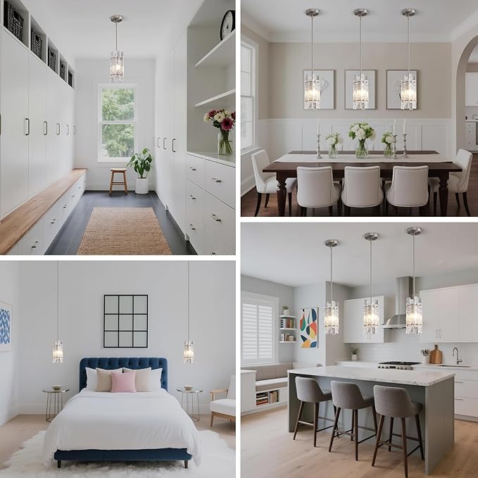 Modern Crystal Pendant Light for Kitchen Island, Brushed Nickel Luxury Mini Water Ripple Glass Chandelier Lights Fixture, Square Adjustable Hanging Pendant Lighting for Dining Room Bedroom (3-Pack)