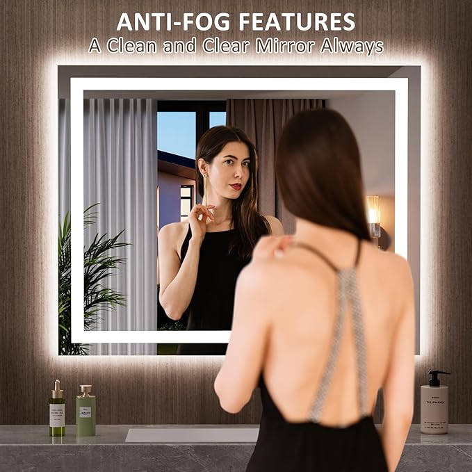 LOAAO 39.4"x31.5" LED Mirror for Bathroom, Lighted Bathroom Mirror with Lights, Anti-Fog, Dimmable, Memory Function, Easy to Install, Clear Reflection