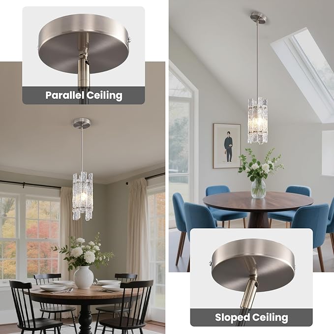 Modern Crystal Pendant Light for Kitchen Island, Brushed Nickel Luxury Mini Water Ripple Glass Chandelier Lights Fixture, Square Adjustable Hanging Pendant Lighting for Dining Room Bedroom (3-Pack)