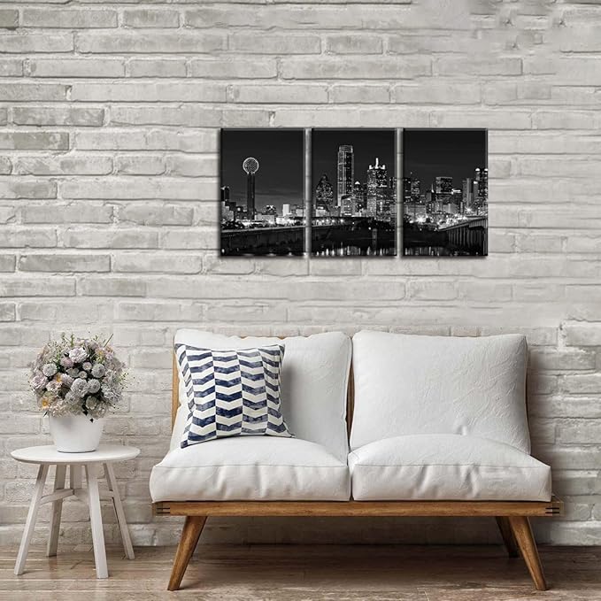 NAN Wind 3 Pcs Black & White Canvas Art - Dallas Skyline Downtown Cityscape Night Scene Picture Prints On Canvas for Home Decor