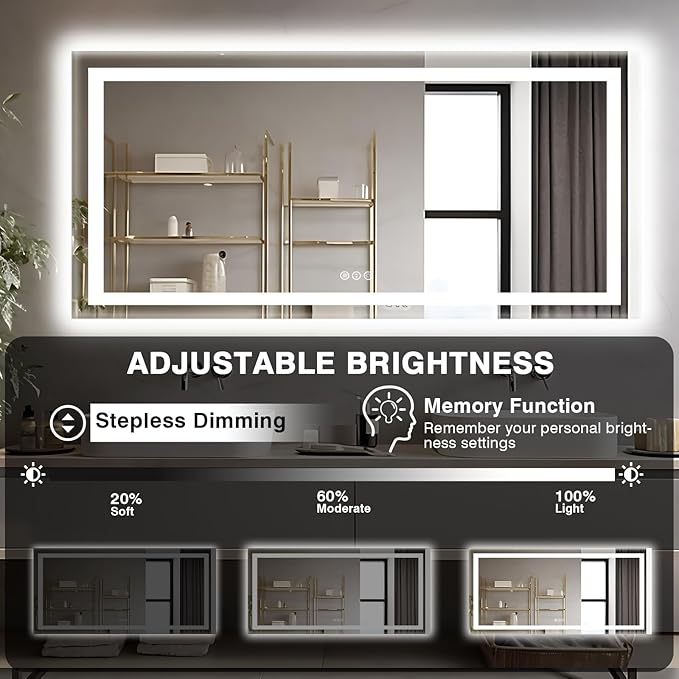 77"x36" Large LED Bathroom Mirror with Front & Backlit, Anti-Fog, Stepless Dimmable Vanity Mirror, 3 Colors Smart Mirror (Horizontal/Vertical)