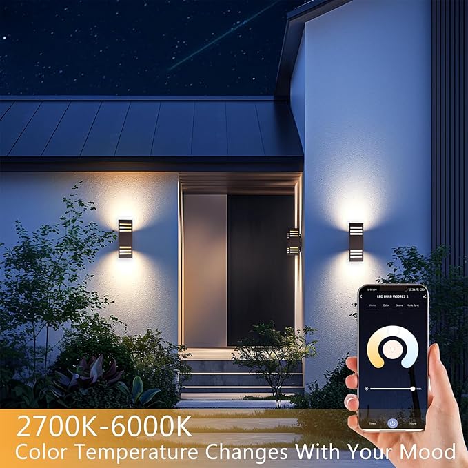 Modern Outdoor Wall Lights, Up and Down Color Changing Porch Lights,Cylinder Lights Outdoor Wall Sconce,Bronze Exterior Lighting Fixture Compatible with Smart Life & Tuya Smart
