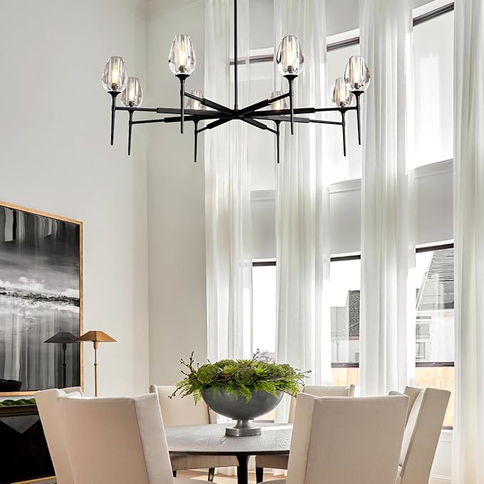 Modern Crystal Tulip Chandelier 8 Lights Black, 54in Gold Round K9 Crystal Chandelier,Pendant Ceiling Light for Dining Living Room Bedroom Entryway, E12 Bulbs Included