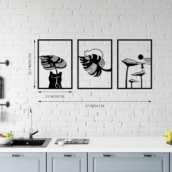 3Pcs Black Cat Wall Art, Metal Wall Sculptures, Cat Wall Decor for Cat Lovers, for Living Room Bedroom Kitchen Office Wall Hanging Décor