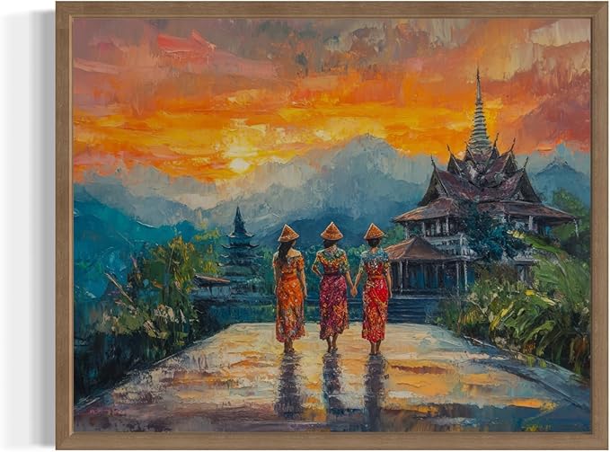 Thailand Art Print Poster, Asia Oriental Countries Culture Wall Art Asian Paintings for Bedroom Bathroom Living Room Decor 97 (Thailand, 16 x 20 inches, Wood Frame)