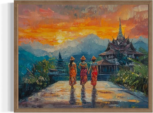 Thailand Art Print Poster, Asia Oriental Countries Culture Wall Art Asian Paintings for Bedroom Bathroom Living Room Decor 97 (Thailand, 11 x 14 inches, Wood Frame)