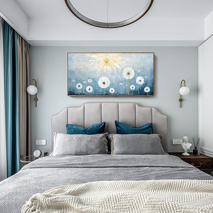 Nicetop Large Framed Inspirational Wall Pictures for Living Room Blue Floral Canvas Art Prints for Bedroom Office Nature-Inspired Dandelion Botanical Flower Artwork,Home Coastal Wall Decor 48x24 Inch