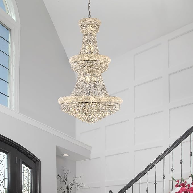 31 Lights Chrome Finish Large Empire Crystal Chandelier - Three-Tier, High Ceiling Chandelier Light fixtures for Foyer Staircase Living Room Entryway (Dia 32'')