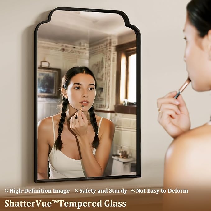 24X36 Inch Black Bathroom Mirror for Wall, Modern Rounded Corner Rectangle Mirror with Non-Rusting Iron Metal Framed Bathroom Vanity Mirror for Over Sink Wall Decor