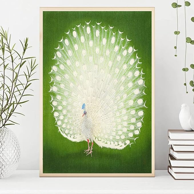 OZCONO White Peacock Wall Art Print, Japanese Style Bird Illustration, Green Background, UV-Resistant Giclée Print (14L x 11W)