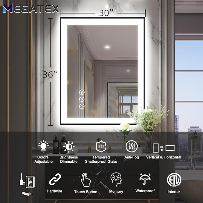 30x36 Lighted Mirrors for Bathroom Wall, Modern Rectangle Matte Black Mirror, Tempered Glass，Double Lights, 3 Colors Dimmable Temperature, IP54 Enhanced Anti-Fog, Memory (Horizontal/Vertical)