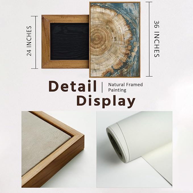 BingruiArt Large Framed Tree Ring Wall Art Wood Canvas Green Boho Wall Decor Rustic Artwork Abstract Painting Farmhouse Picture Nature Print for Living Room Bedroom Bathroom 24"x36" Natural Framed(08)