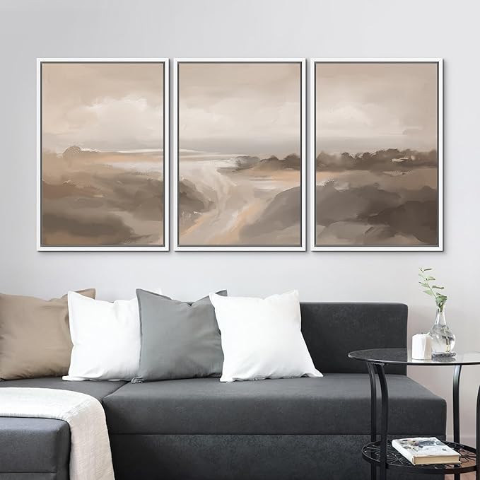 MUDECOR Framed Canvas Print Wall Art Serene Landscape Neutral Coastal Illustrations Realism Decorative for Living Room, Bedroom, Office - 16"x24"x3 White