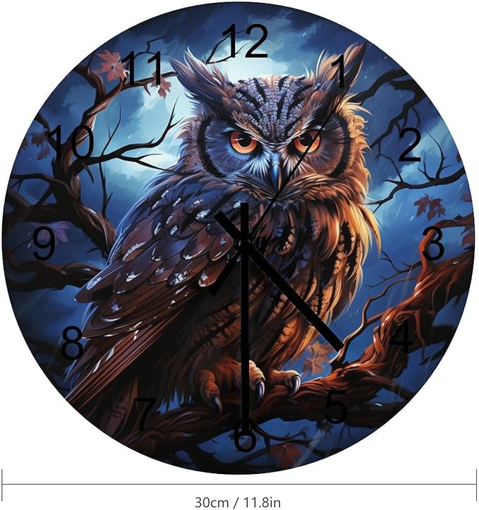 Owl Cartoon Round Wall Clock, Night Forest Branch Owl Watercolor Art, Personalized Decorative Wooden Silent Wall Wall Clock for Teenagers' Rooms and Bedrooms 12x12INCH